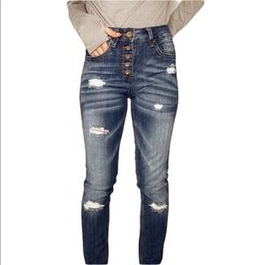 Dollhouse Jeans Mid Rise‎ Capri Button Fly Distressed Blue Denim Womens Size 1
